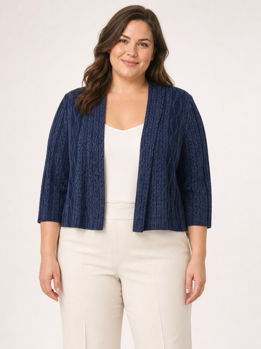 St. John Women’s Blue Cableknit 3/4 sleeve open front cardigan shrug. Size L